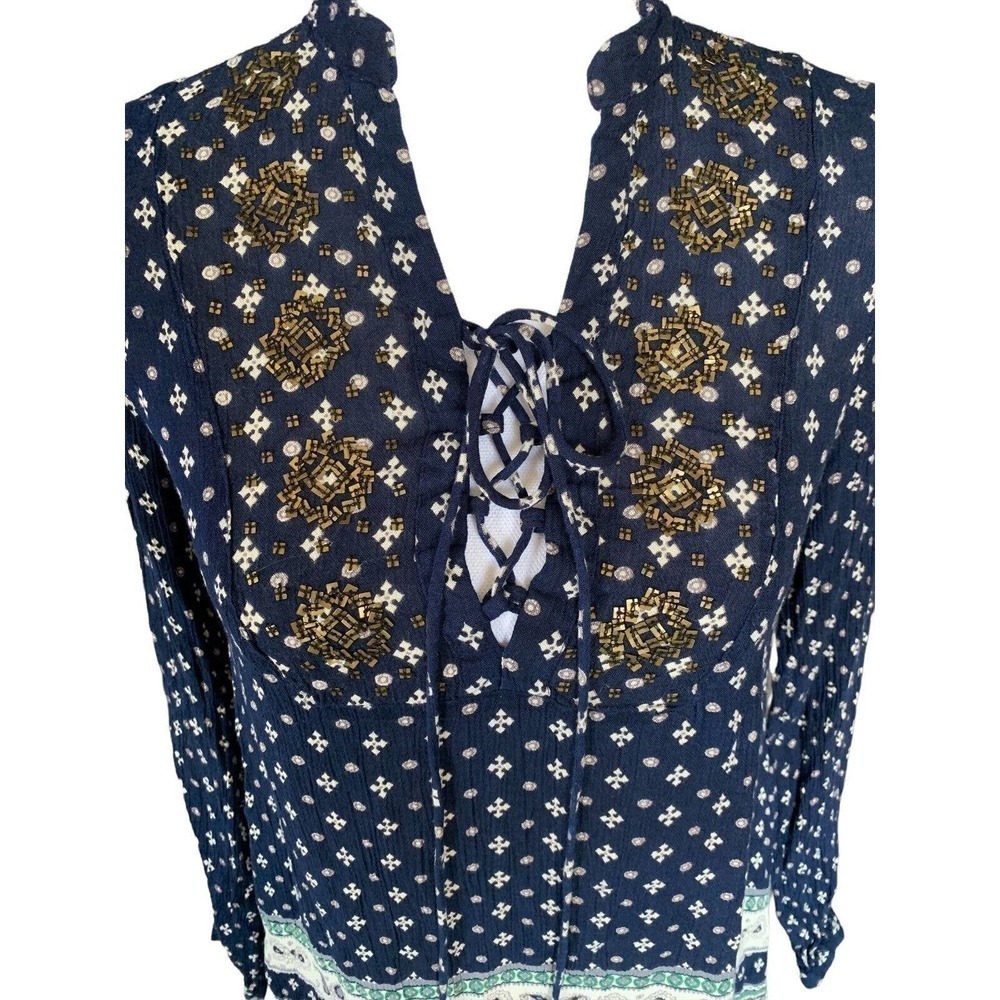 En Creme Small Top Womens Cream Multicolor Boho Peasant Cottagecore Long Sleeve - Picture 5 of 12